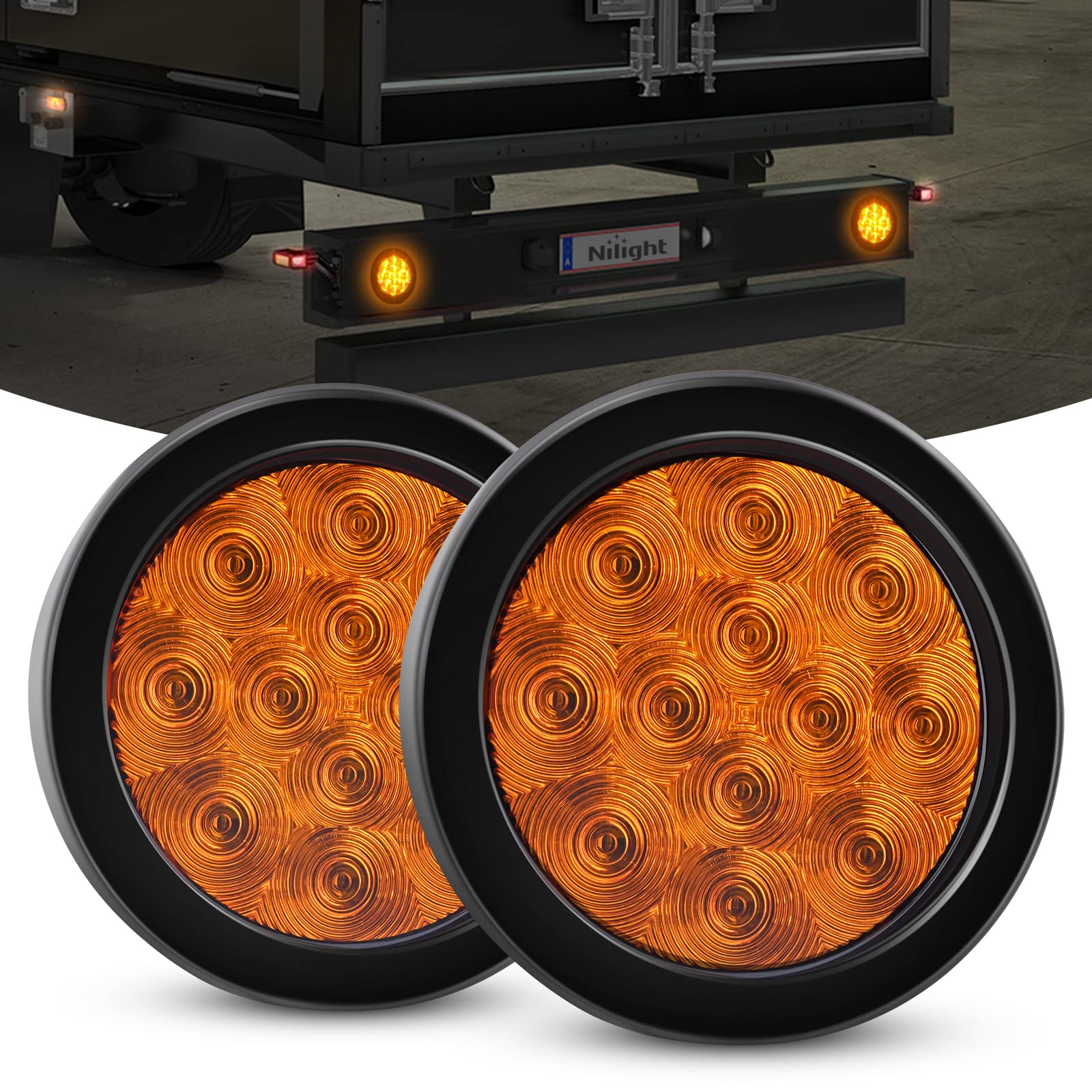 Nilight 2Pcs LED Trailer Tail Lights 4Inch 12LED Round Amber Turn Signal w/Surface Mount Grommet Plugs IP67 Park Stop Brake Marker Light for RV Truck Trailer Jeep UTE UTV 12V, 2 Years Warranty